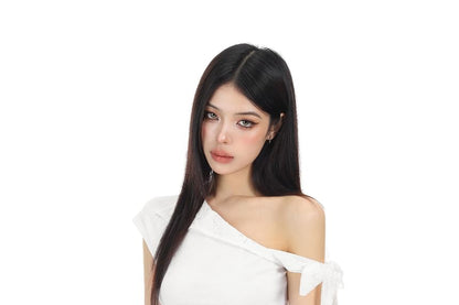 Cap-Sleeve Off-Shoulder Asymmetrical Eyelet Lace Panel T-Shirt