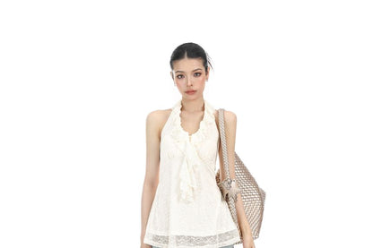 Halter V-Neck Ruffle Trim Open Back Lace Top