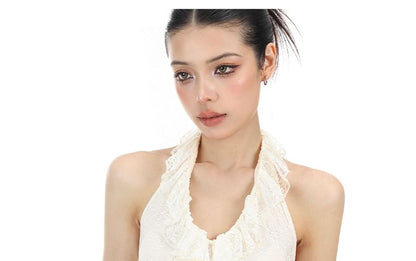 Halter V-Neck Ruffle Trim Open Back Lace Top