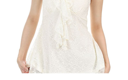 Halter V-Neck Ruffle Trim Open Back Lace Top