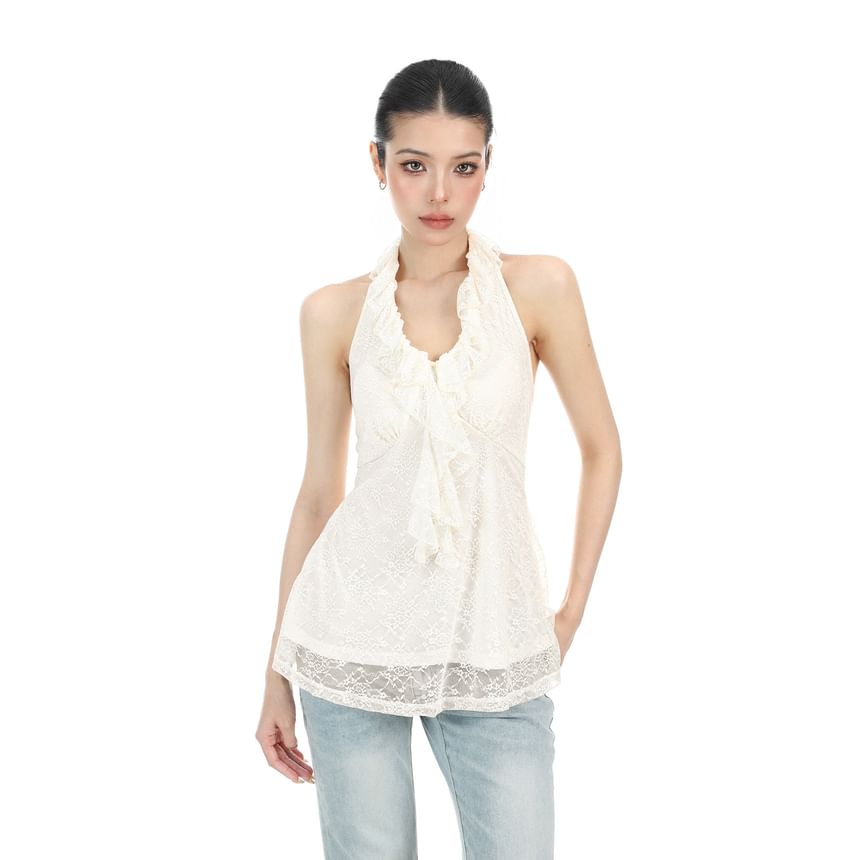 Halter V-Neck Ruffle Trim Open Back Lace Top