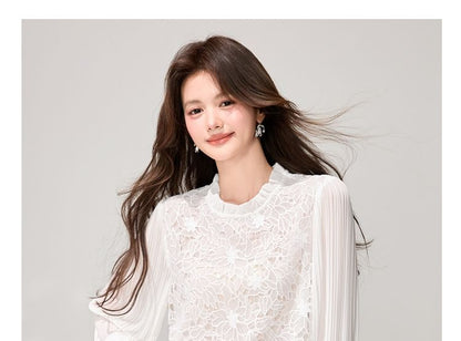 Long-Sleeve Lace Panel Ruffle Collar Blouse