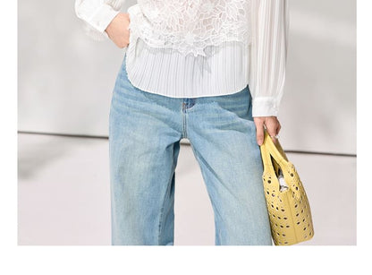 Long-Sleeve Lace Panel Ruffle Collar Blouse