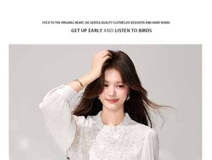 Long-Sleeve Lace Panel Ruffle Collar Blouse