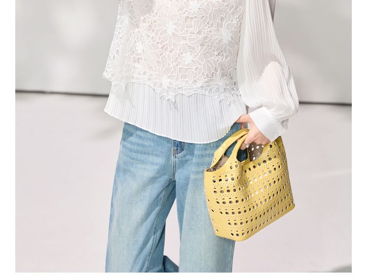 Long-Sleeve Lace Panel Ruffle Collar Blouse