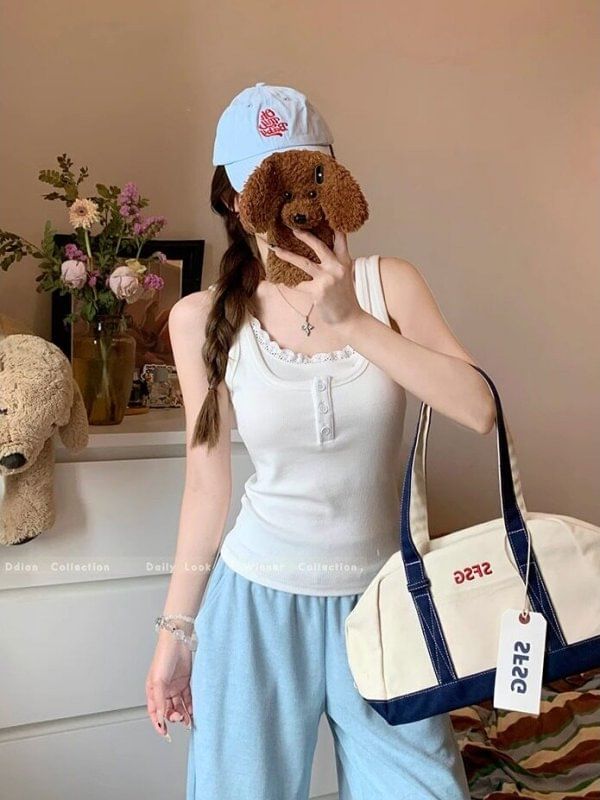 Scoop Neck Plain Mock Two Piece Lace Trim Tank Top