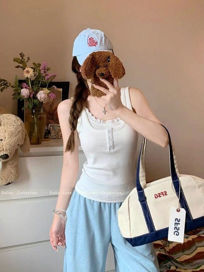 Scoop Neck Plain Mock Two Piece Lace Trim Tank Top
