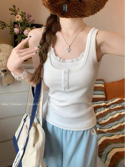 Scoop Neck Plain Mock Two Piece Lace Trim Tank Top