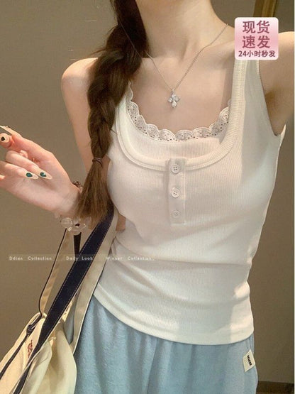 Scoop Neck Plain Mock Two Piece Lace Trim Tank Top