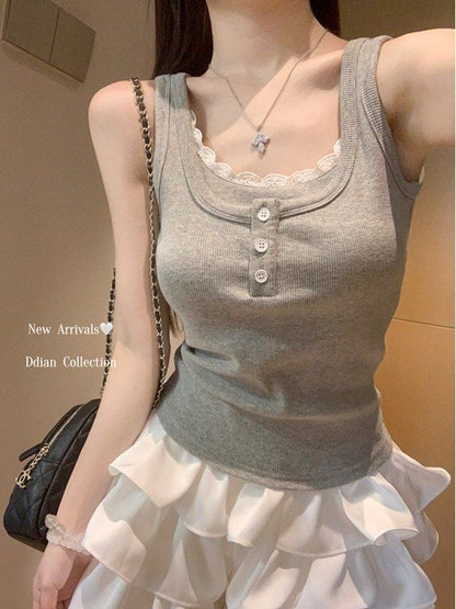 Scoop Neck Plain Mock Two Piece Lace Trim Tank Top