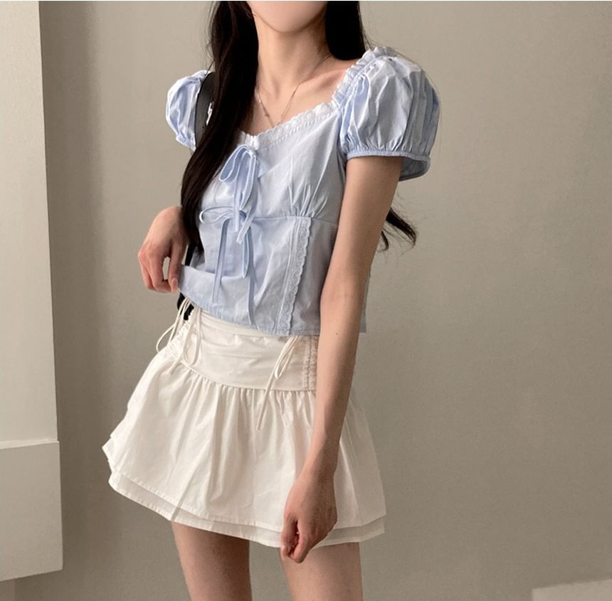 Short-Sleeve V-Neck Plain Lace Trim Blouse