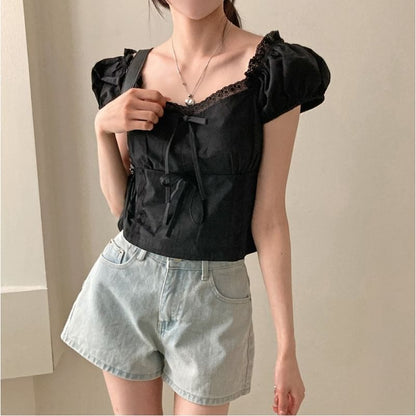 Short-Sleeve V-Neck Plain Lace Trim Blouse