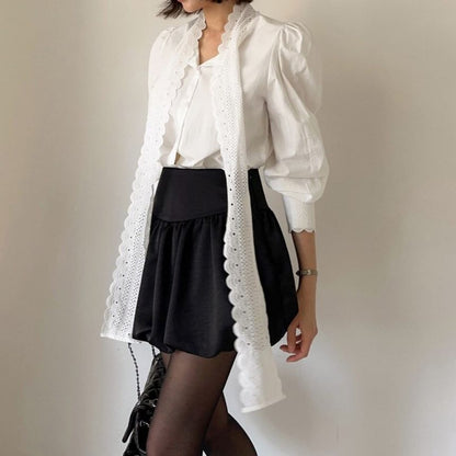 Puff-Sleeve Stand Collar Lace Tie-Neck Plain Button-Up Blouse