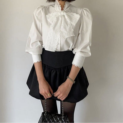 Puff-Sleeve Stand Collar Lace Tie-Neck Plain Button-Up Blouse