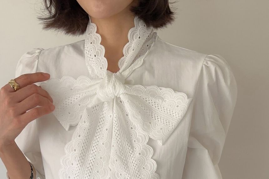 Puff-Sleeve Stand Collar Lace Tie-Neck Plain Button-Up Blouse