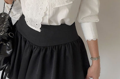 Puff-Sleeve Stand Collar Lace Tie-Neck Plain Button-Up Blouse