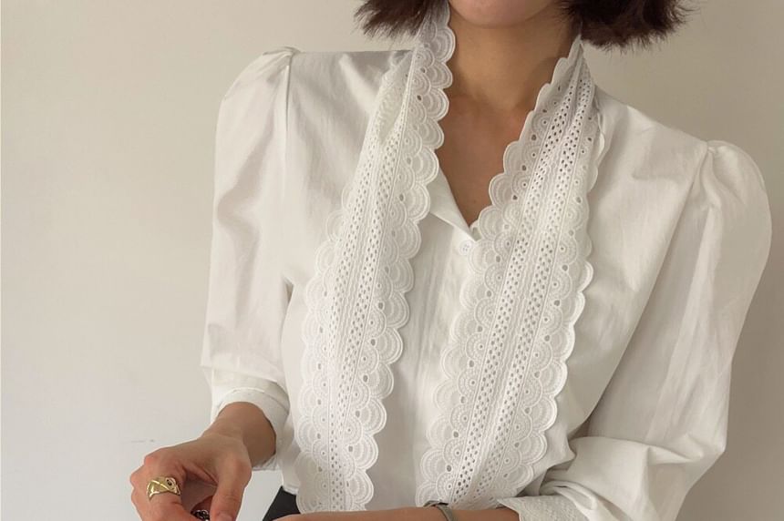 Puff-Sleeve Stand Collar Lace Tie-Neck Plain Button-Up Blouse