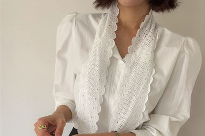 Puff-Sleeve Stand Collar Lace Tie-Neck Plain Button-Up Blouse