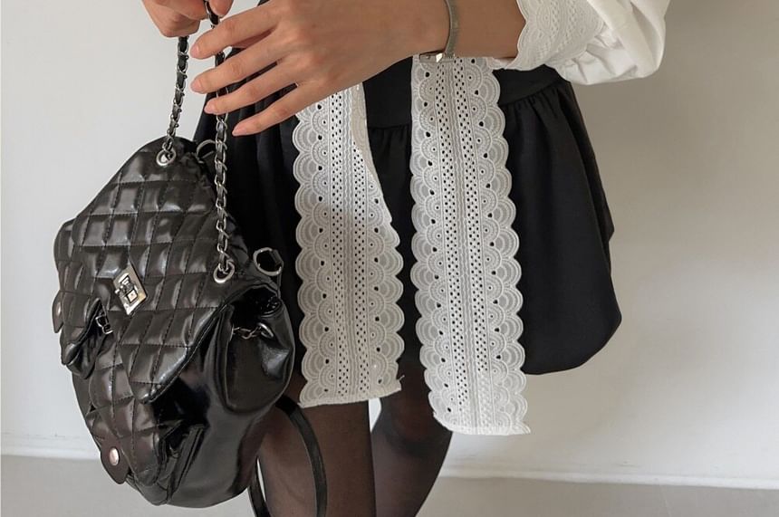 Puff-Sleeve Stand Collar Lace Tie-Neck Plain Button-Up Blouse