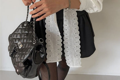 Puff-Sleeve Stand Collar Lace Tie-Neck Plain Button-Up Blouse