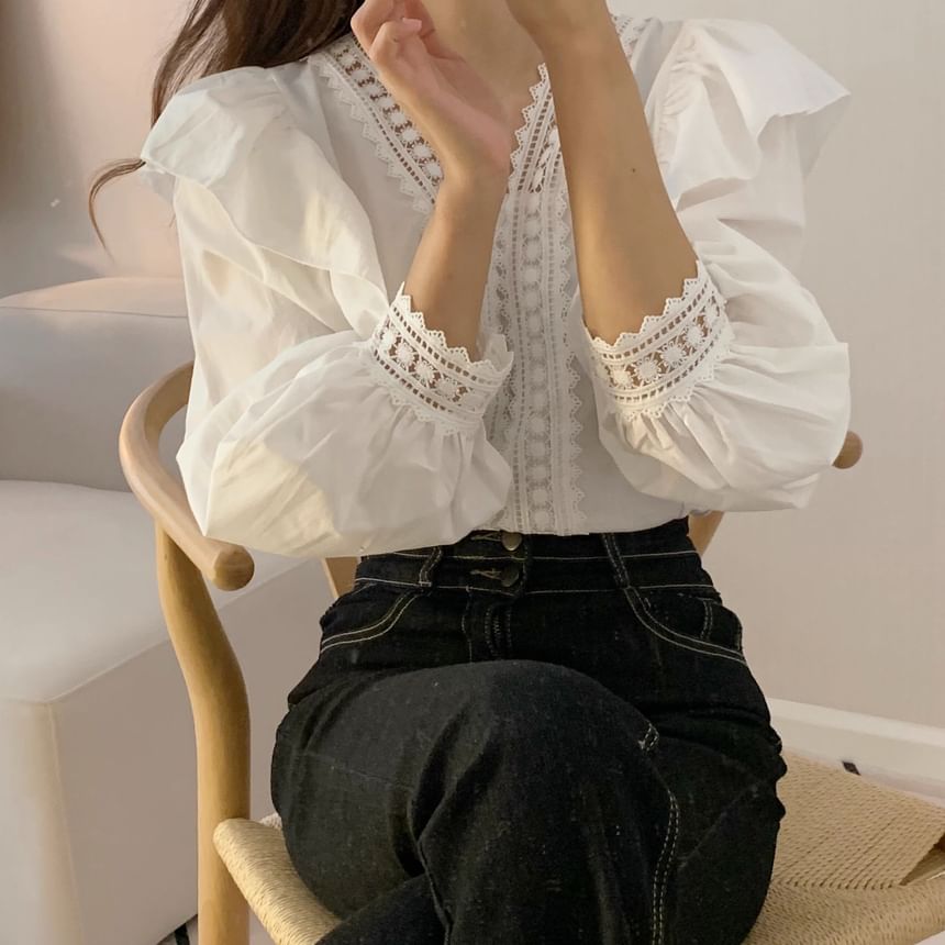 Puff-Sleeve V-Neck Lace Trim Ruffled Blouse