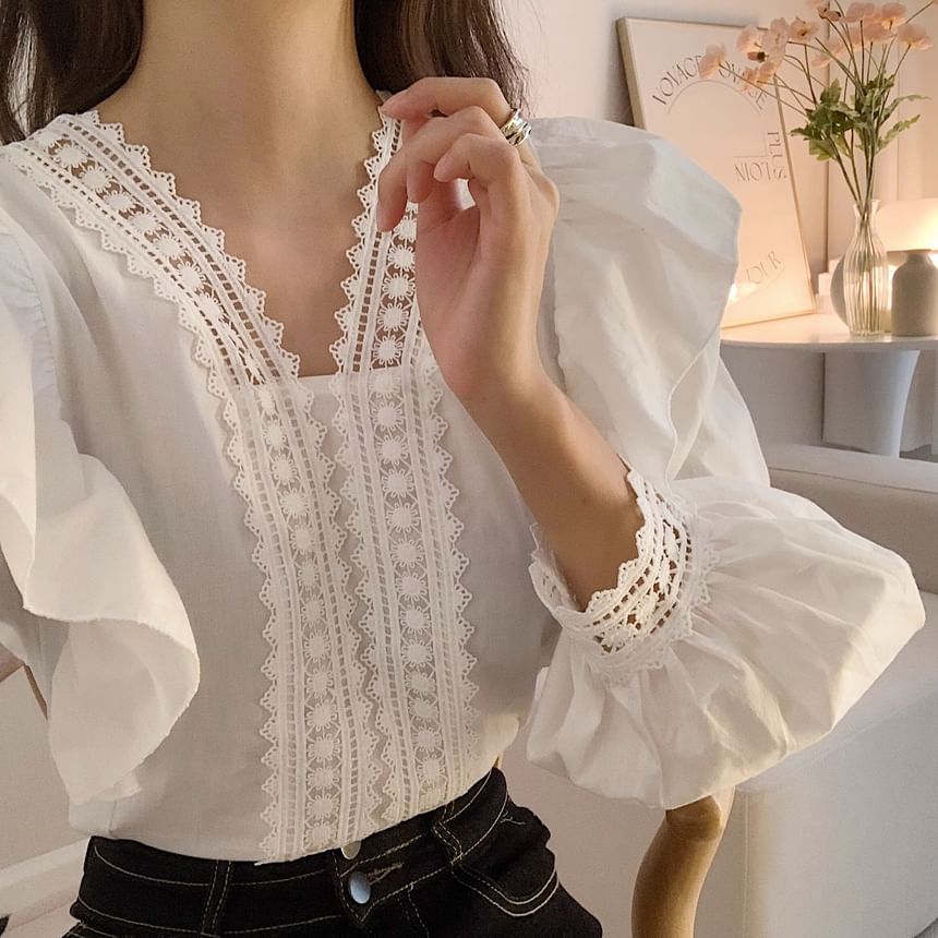 Puff-Sleeve V-Neck Lace Trim Ruffled Blouse
