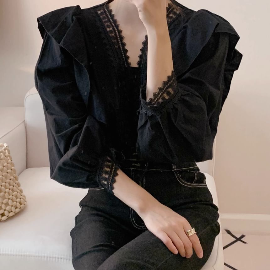 Puff-Sleeve V-Neck Lace Trim Ruffled Blouse