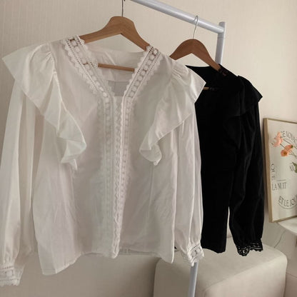 Puff-Sleeve V-Neck Lace Trim Ruffled Blouse