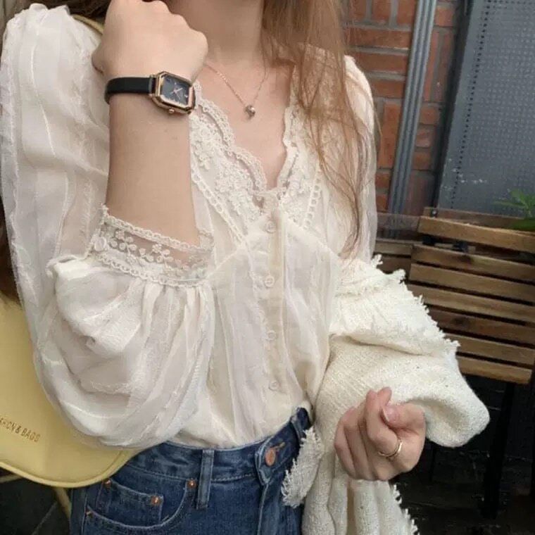 Puff-Sleeve V-Neck Lace Trim Button-Up Blouse