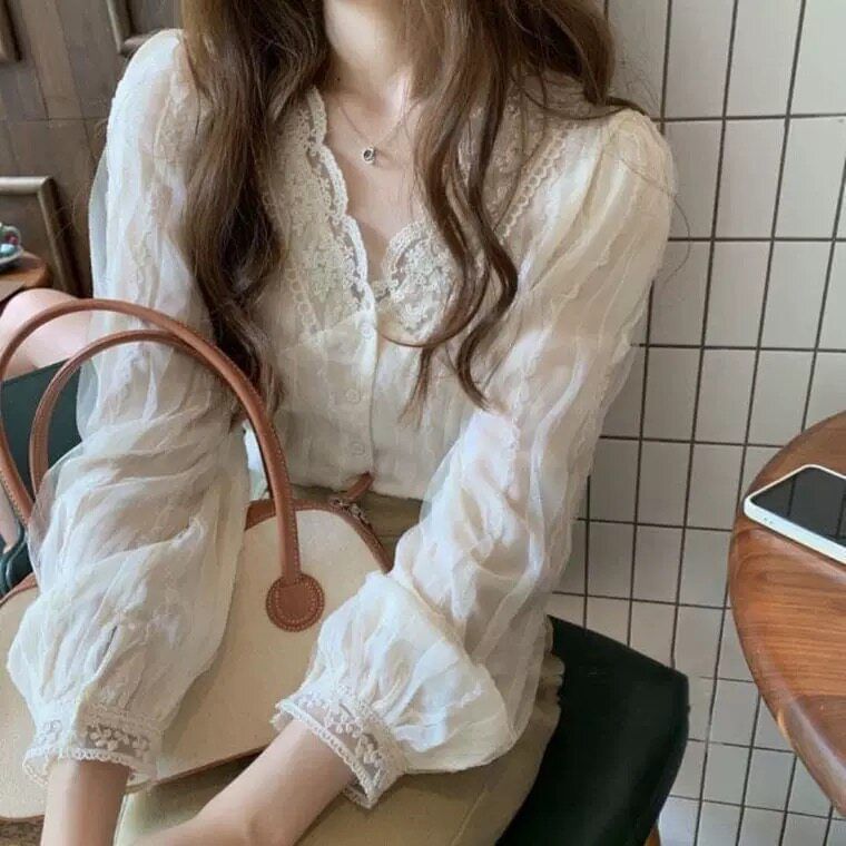Puff-Sleeve V-Neck Lace Trim Button-Up Blouse
