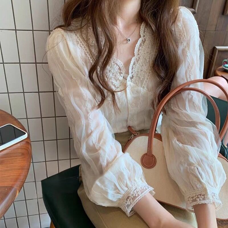 Puff-Sleeve V-Neck Lace Trim Button-Up Blouse