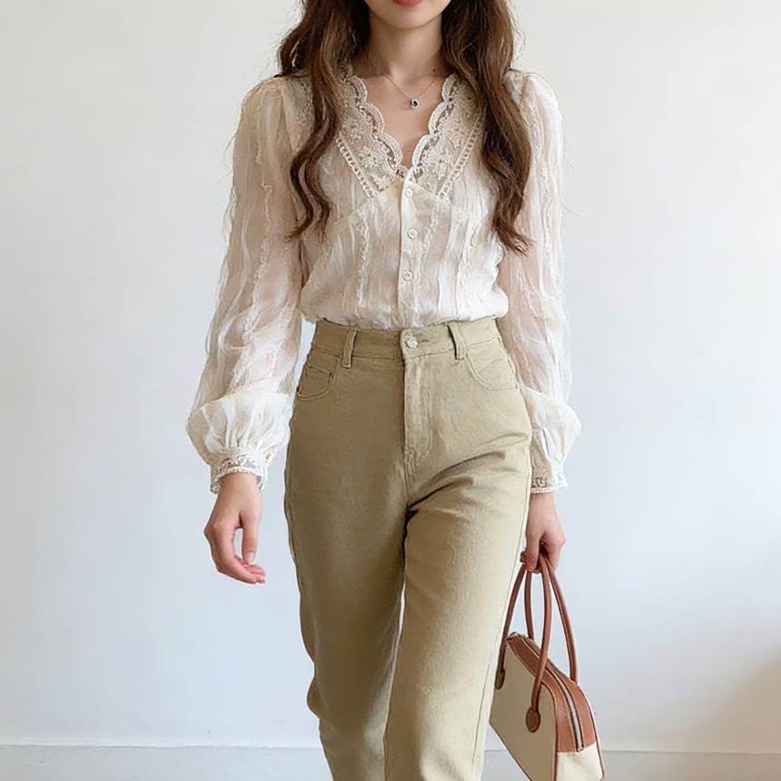 Puff-Sleeve V-Neck Lace Trim Button-Up Blouse