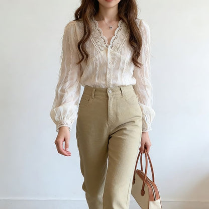 Puff-Sleeve V-Neck Lace Trim Button-Up Blouse