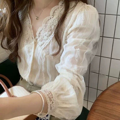 Puff-Sleeve V-Neck Lace Trim Button-Up Blouse