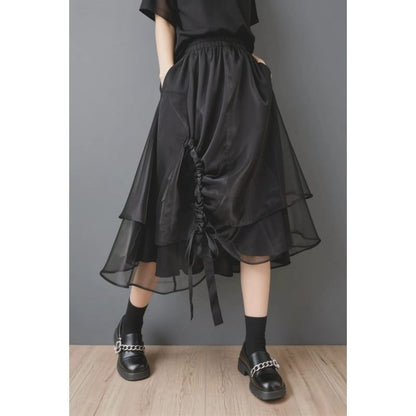 High Waist Plain Drawstring Asymmetrical Midi A-Line Mesh Skirt