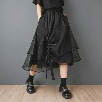 High Waist Plain Drawstring Asymmetrical Midi A-Line Mesh Skirt