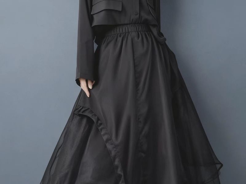 High Waist Plain Drawstring Asymmetrical Midi A-Line Mesh Skirt