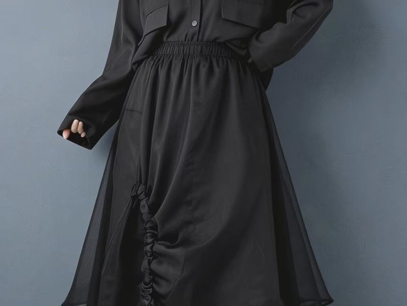 High Waist Plain Drawstring Asymmetrical Midi A-Line Mesh Skirt