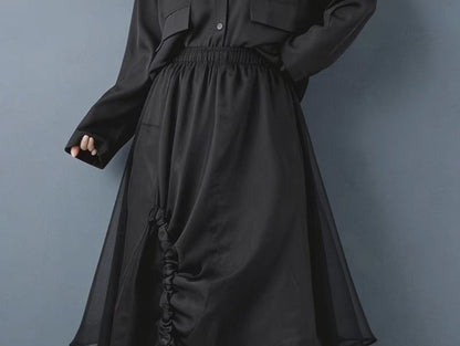 High Waist Plain Drawstring Asymmetrical Midi A-Line Mesh Skirt