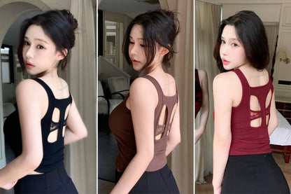 Scoop Neck Plain Lace Trim Open Back Crop Tank Top