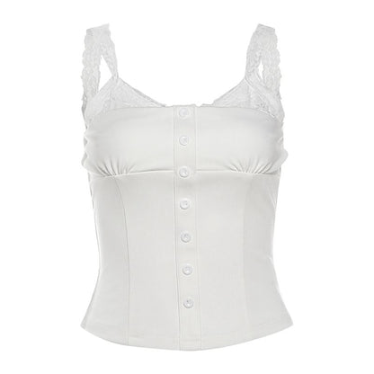 V Neck Lace Panel Slim-Fit Tank Top / Low Waist Lace Layering Mini Skirt