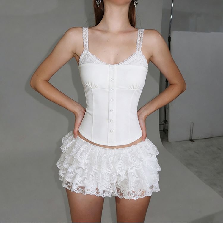 V Neck Lace Panel Slim-Fit Tank Top / Low Waist Lace Layering Mini Skirt