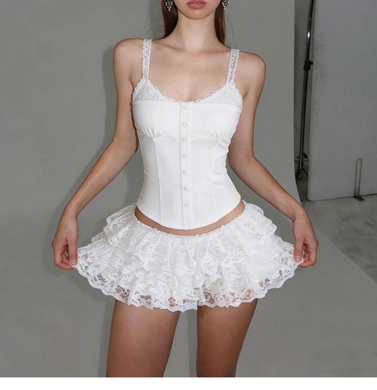 V Neck Lace Panel Slim-Fit Tank Top / Low Waist Lace Layering Mini Skirt