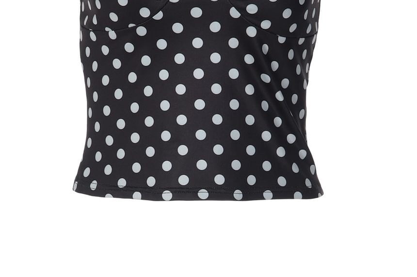Short Sleeve V-Neck Lace Panel Polka Dot Slim-Fit Crop Top