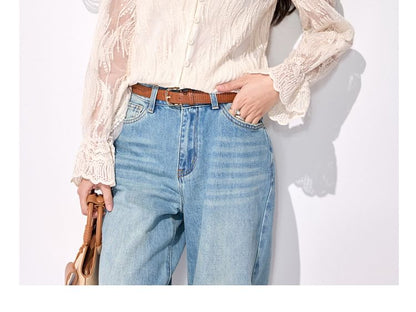 Long-Sleeve V-Neck Plain Lace Trim Blouse