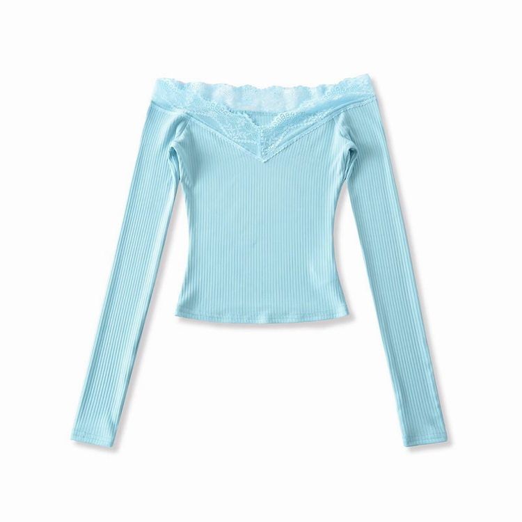 Off-Shoulder Long-Sleeve Plain Lace Trim T-Shirt