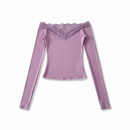 Off-Shoulder Long-Sleeve Plain Lace Trim T-Shirt