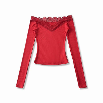 Off-Shoulder Long-Sleeve Plain Lace Trim T-Shirt