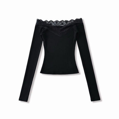 Off-Shoulder Long-Sleeve Plain Lace Trim T-Shirt