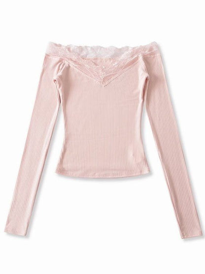 Off-Shoulder Long-Sleeve Plain Lace Trim T-Shirt